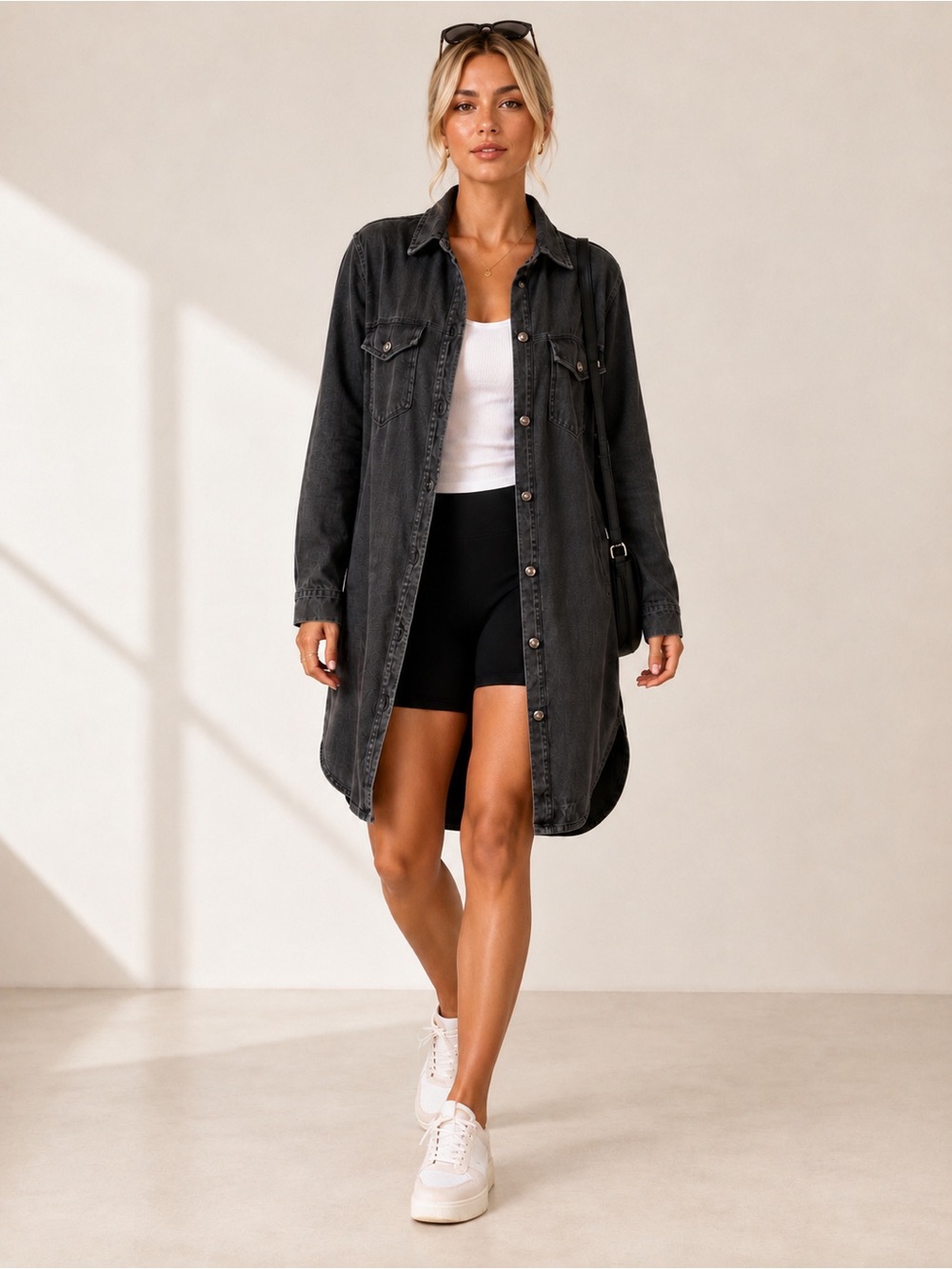 Mono B | Charcoal Wash Denim Shirt Jacket Stretch Cotton Button Front Small
